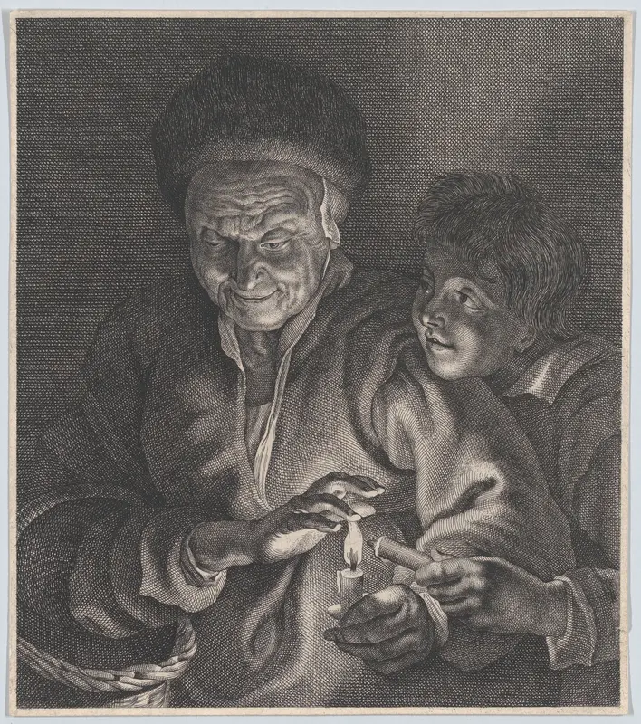 Old woman and a boy with candles Wall Art by Anonymous - High-Resolution Digital Print