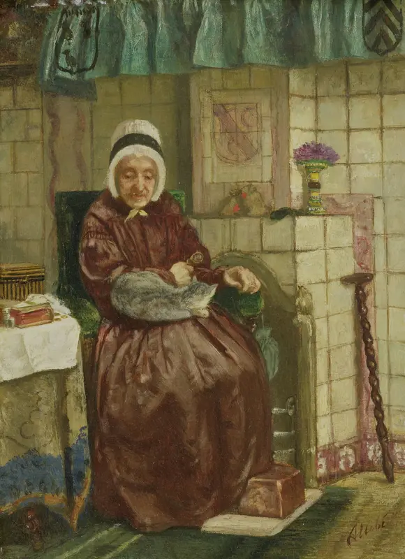 Old Woman by the Fireplace Wall Art by Unknown - High-Resolution Digital Print