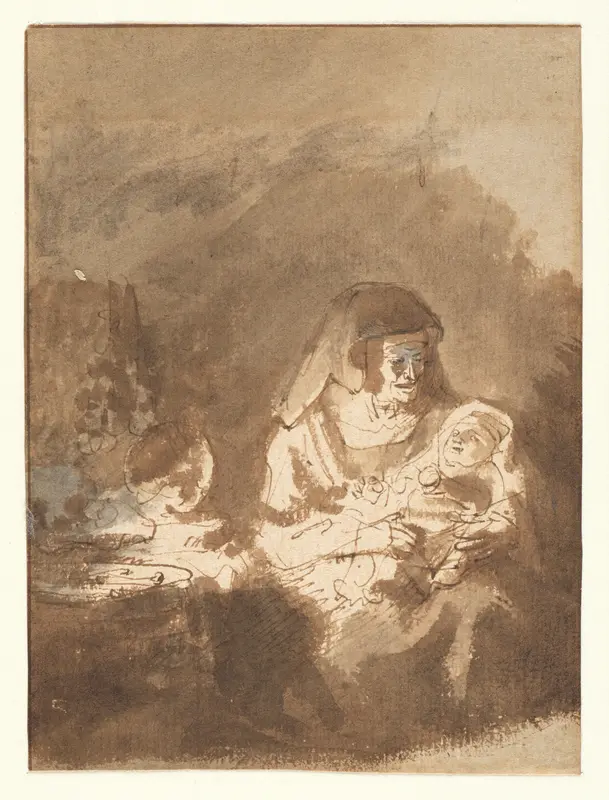 Old Woman with a Baby in her Arms Wall Art by School of Rembrandt van Rijn - High-Resolution Digital Print