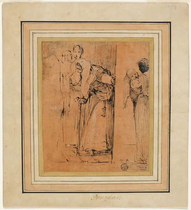 Old Woman with Cane in Door, with Black Maid Holding Child, and Other Figures Wall Art by Follower of Parmigianino - High-Resolution Digital Print