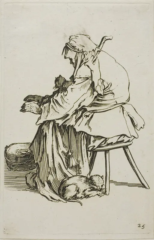 Old Woman with Cats, plate 25 from The Beggars Wall Art by Jacques Callot - High-Resolution Digital Print