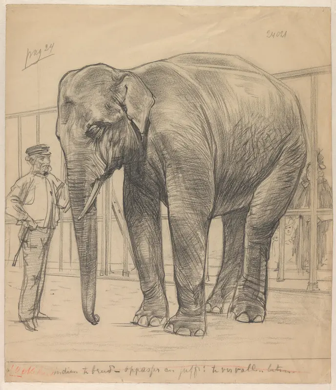 Olifant in verblijf met oppasser Wall Art by Willem Vaarzon Morel - High-Resolution Digital Print