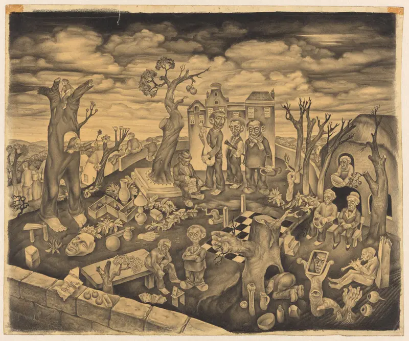 Ommuurde tuin met allerlei figuren en objecten Wall Art by Unknown - High-Resolution Digital Print