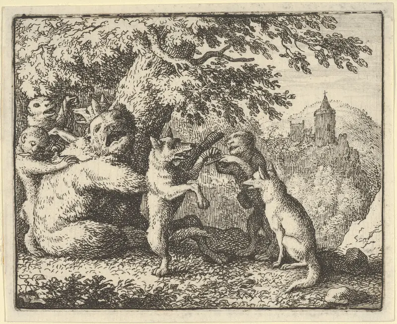 On Order of the Lion, a Piece of Skin is Taken from the Bear, A  Piece of the Front Paws of the Wolf and a Piece from the She-Wolf's Hind Paws are Skinned from Hendrick van Alcmar's Renard The Fox Wall Art by Allart van Everdingen - High-Resolution Digital Print