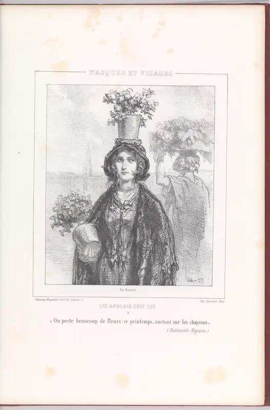 "On porte beaucoup de fleurs, ce printemps, surtout sur les chapeaux", from Les Anglais Chez Eux, Masques et Visages, plate 9, bound in Oeuvres Nouvelles, vol. III by Paul Gavarni [Chevalier] - High-Resolution Digital Print