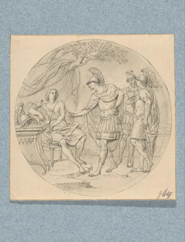 Onder een doek zittende man ontvangt drie militairen (in doos met 43 tekeningen) Wall Art by Louis Fabritius Dubourg - High-Resolution Digital Print