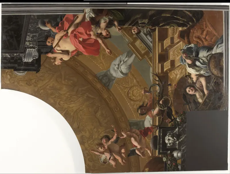 Onderdeel (rechtsboven) van een plafondschildering met als hoofdvoorstelling Diana en haar gezellinnen Wall Art by Gerard de Lairesse - High-Resolution Digital Print