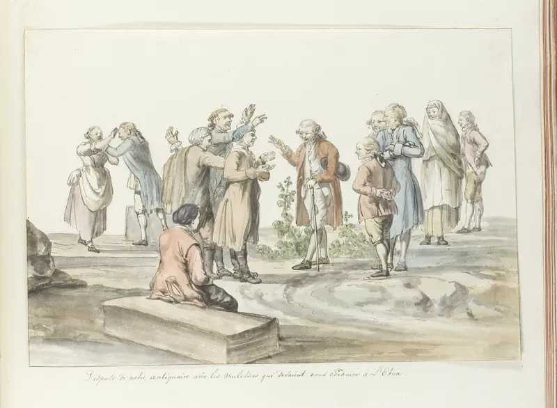 Onderhandeling tussen gids van reisgezelschap en muilezeldrijvers met wie zij naar de Etna gaan Wall Art by Louis Ducros - High-Resolution Digital Print