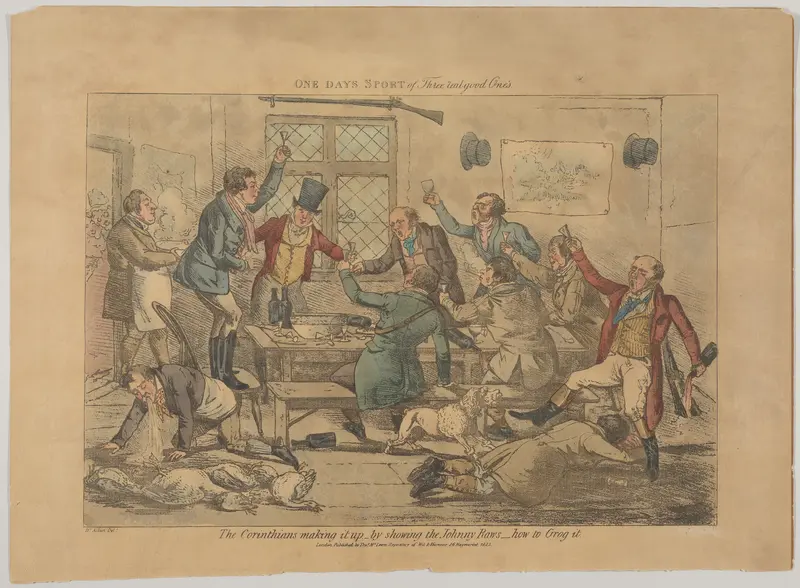 One Days Sport of Three Real Good Ones. The Corinthians making it up...by showing the Johnny Raws how to Grog it Wall Art by Henry Thomas Alken - High-Resolution Digital Print