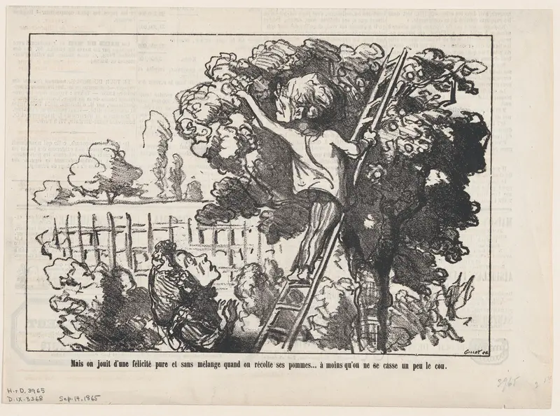 One rejoices in a pure, unspoiled happiness when harvesting ones own apples... at least as long as one doesn't break one's neck, from "The joys of country life" Wall Art by Honoré Daumier - High-Resolution Digital Print
