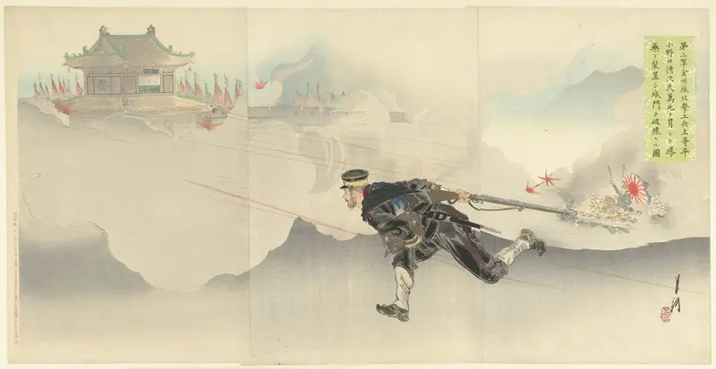Onoguchi, de dood trotserend, om de poort van het vijandelijke fort op te blazen. Wall Art by Unknown - High-Resolution Digital Print