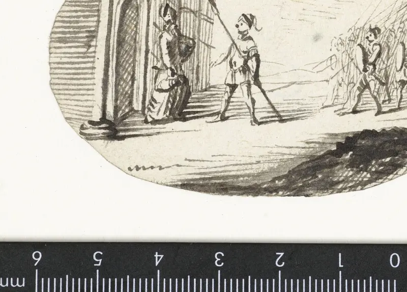 Ontmoeting van een bisschop (?) en soldaten voor een kasteel of stadspoort Wall Art by Unknown - High-Resolution Digital Print