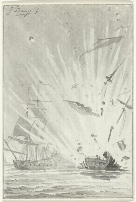 Ontploffing van het Nederlandse kaperschip De Dappere Patriot in gevecht met het Engelse schip Kameleon, 14 augustus 1781 Wall Art by Jacobus Buys - High-Resolution Digital Print