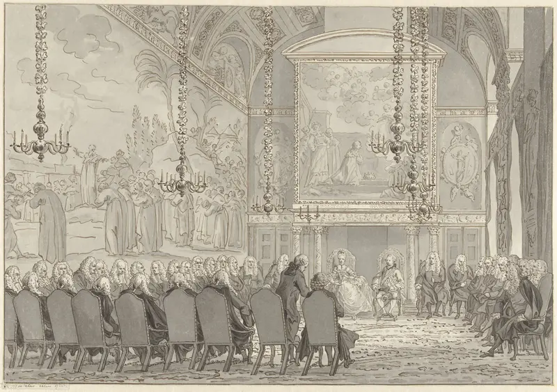 Ontvangst van Prins Willem V en Wilhelmina van Pruisen in de Raadzaal van het Stadhuis van Amsterdam Wall Art by Reinier Vinkeles (I) - High-Resolution Digital Print