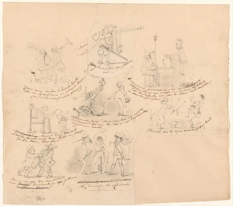 Ontwerp voor Almanakprent: acht voorstellingen die verband houden met de Leidse Maskerade van 1850 Wall Art by Carel Vosmaer - High-Resolution Digital Print