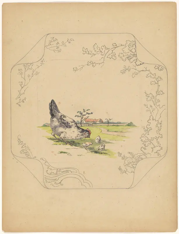 Ontwerp voor bord van het model ‘Square’ met een hen en drie kuikens Wall Art by Unknown - High-Resolution Digital Print