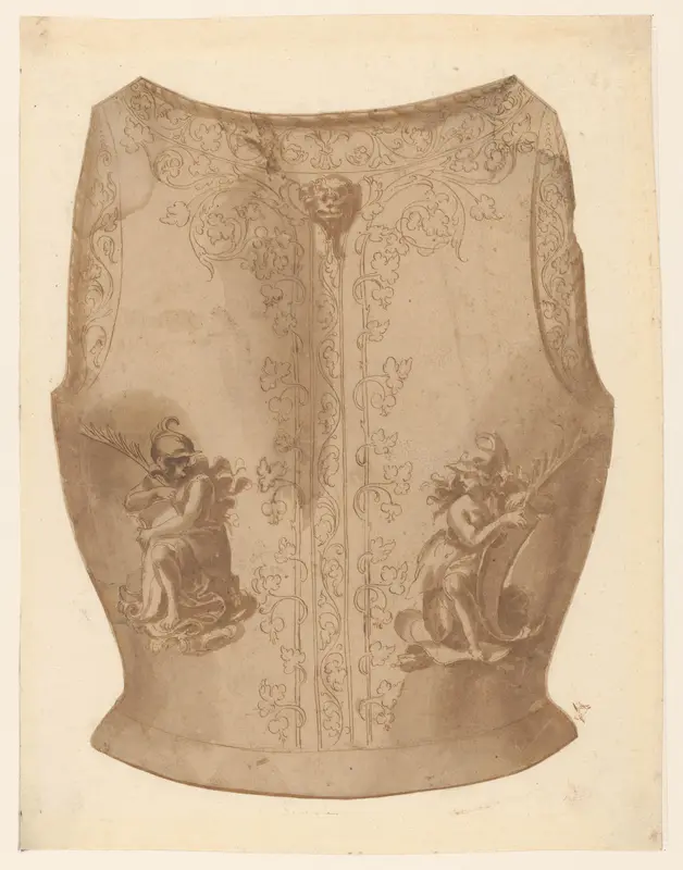 Ontwerp voor de achterzijde van een borstkuras, met gehelmde vrouwenfiguren met palmtakken en schilden Wall Art by anonymous - High-Resolution Digital Print