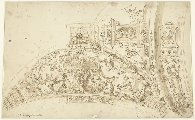 Ontwerp voor de beschildering van een gewelf met figuren, putti, dieren en ornamenten Wall Art by Unknown - High-Resolution Digital Print
