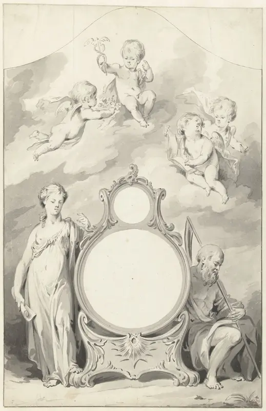 Ontwerp voor de decoratie rond de wijzerplaat van een klok met vleermuisvleugelmotief Wall Art by Jacobus Buys - High-Resolution Digital Print