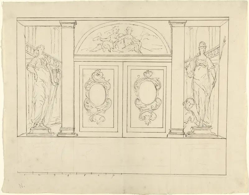 Ontwerp voor de decoratie van een door pilasters gelede wand met dubbele deur Wall Art by Unknown - High-Resolution Digital Print