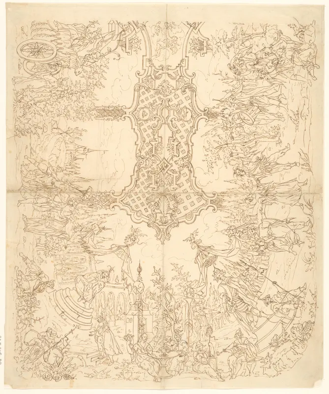 Ontwerp voor de helft van een plafond met exotische, vermoedelijk Chinese voorstellingen, met een centraal motief van bandwerk Wall Art by anonymous - High-Resolution Digital Print