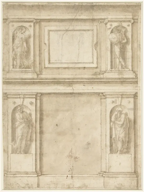 Ontwerp voor de indeling van een muurvlak, met beelden van Mars en Venus, en Jupiter en Saturnus (?) Wall Art by Unknown - High-Resolution Digital Print