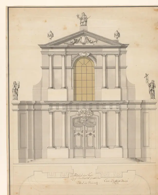 Ontwerp voor de ingangspartij van een kerk, met eronder een plattegrond Wall Art by Carl Gottlob Weise - High-Resolution Digital Print