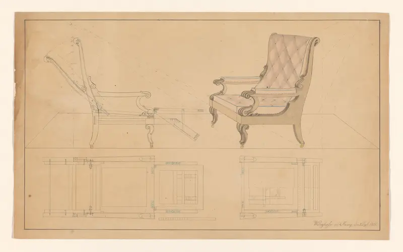Ontwerp voor een beklede armstoel met verstelbare rug en uitklapbare zitting, met zijaanzicht en plattegronden onder beide aanzichten Wall Art by B. Winghofer - High-Resolution Digital Print