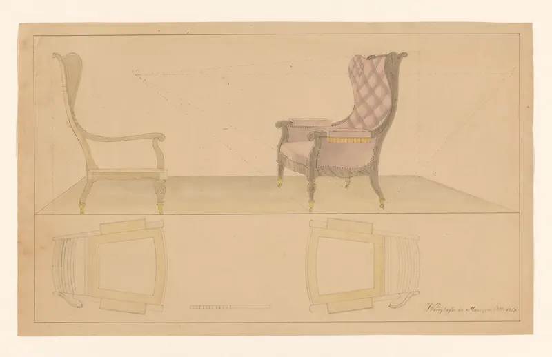 Ontwerp voor een beklede armstoel met wangen en koperen pootjes op rolwieltjes, met zijaanzicht en plattegronden onder beide aanzichten Wall Art by B. Winghofer - High-Resolution Digital Print