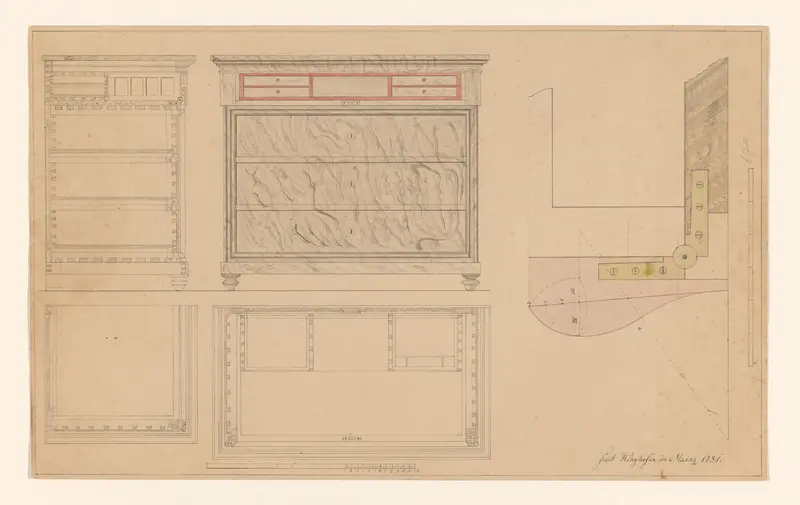 Ontwerp voor een commode met een secretaire-lade, met zijaanzicht en plattegronden onder beide aanzichten, en rechts daarvan een scharnier Wall Art by B. Winghofer - High-Resolution Digital Print