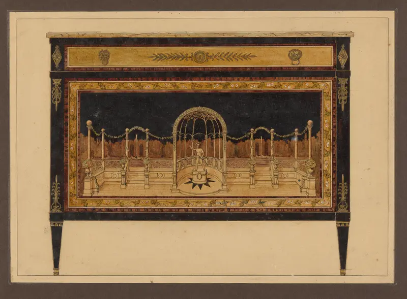 Ontwerp voor een commode met een voorstelling van een beeld van Cupido in een koepelvormig paviljoen op een terras in een tuin Wall Art by anonymous - High-Resolution Digital Print
