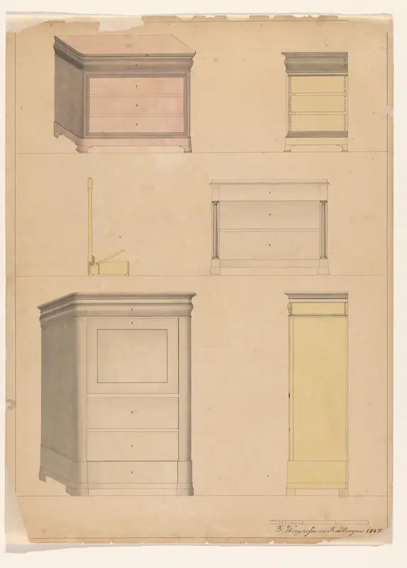 Ontwerp voor een commode met zijaanzicht, een tweede commode met het zijaanzicht van een mechanisme met een hefboom, en een secretaire met een zijaanzicht. Wall Art by B. Winghofer - High-Resolution Digital Print