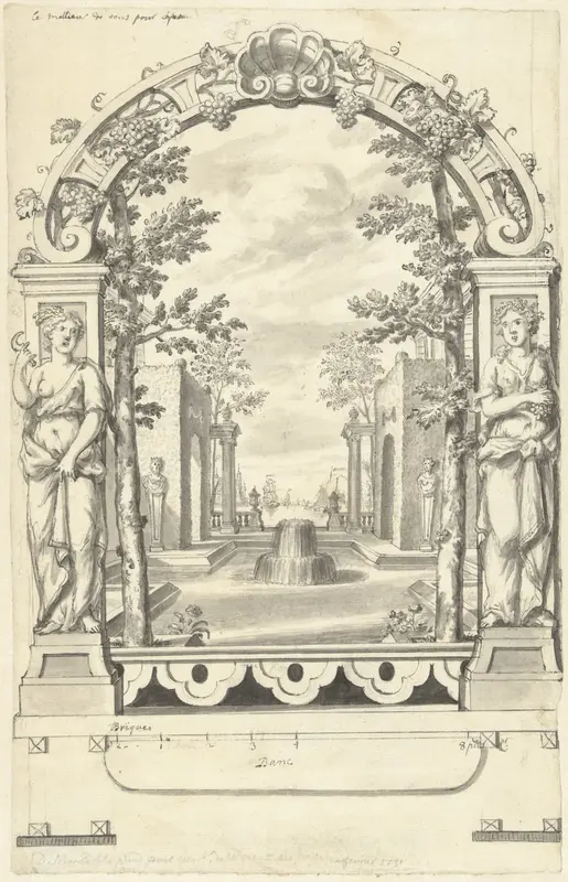 Ontwerp voor een decoratief paneel met uitzicht op een tuin tussen standbeelden door Wall Art by Daniël Marot (II) - High-Resolution Digital Print