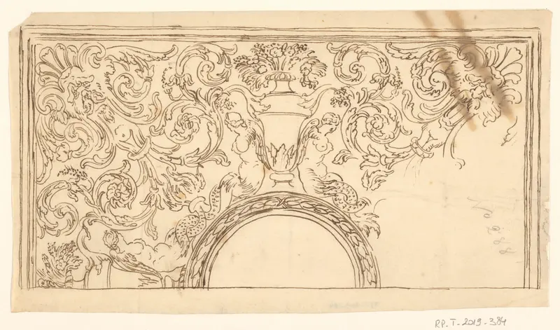 Ontwerp voor een decoratief paneel, wellicht het deksel van een doos, met een leeg rond medaillon binnen een lauwerkrans in het midden Wall Art by anonymous - High-Resolution Digital Print