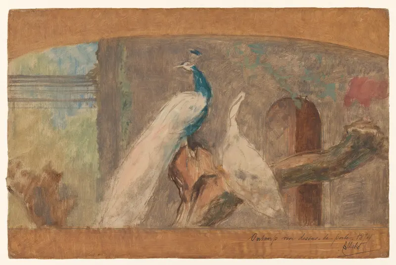 Ontwerp voor een dessus-de-porte: tak met pauw en andere vogels Wall Art by August Allebé - High-Resolution Digital Print