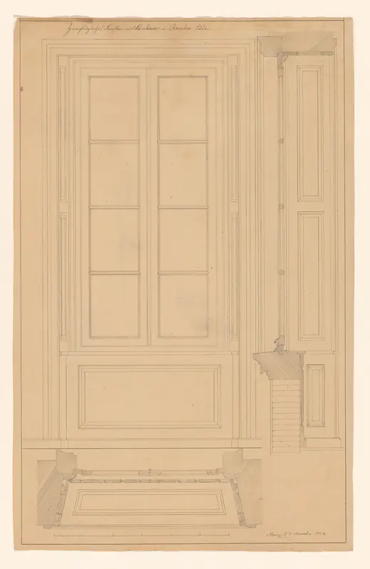 Ontwerp voor een dubbel raam met lambrisering, met zijaanzicht en plattegrond Wall Art by B. Winghofer - High-Resolution Digital Print