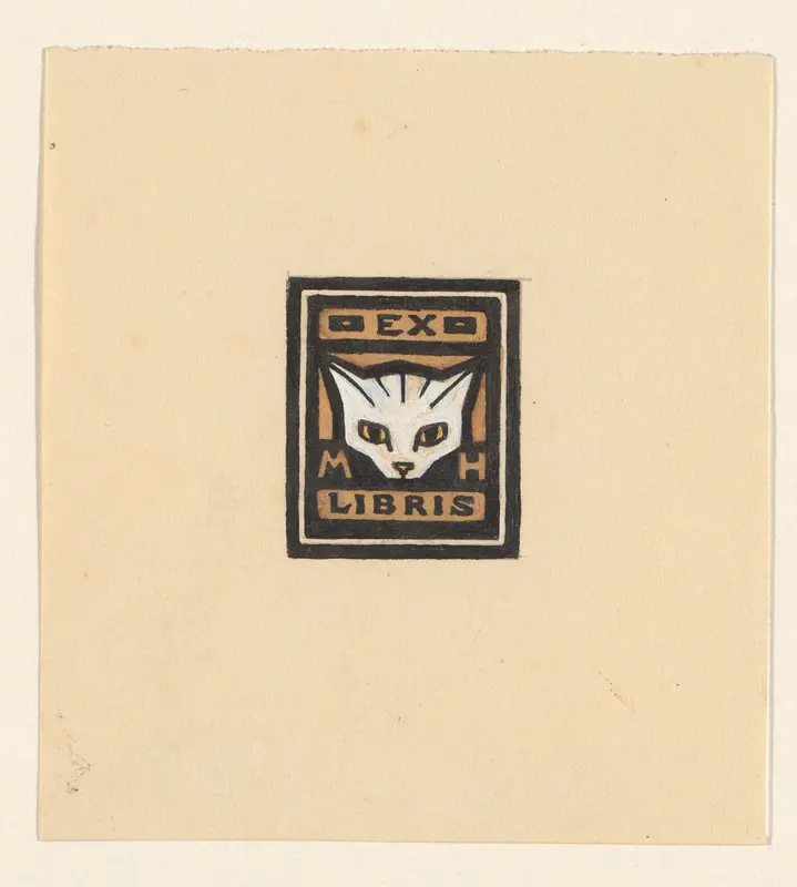 Ontwerp voor een ex libris met de initialen M.H. en de kop van een kat Wall Art by Julie de Graag - High-Resolution Digital Print