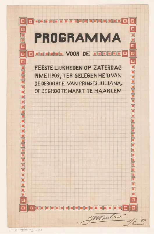 Ontwerp voor een feestprogramma ter gelegenheid van de geboorte van prinses Juliana Wall Art by Reinier Willem Petrus de Vries (1874-1953) - High-Resolution Digital Print