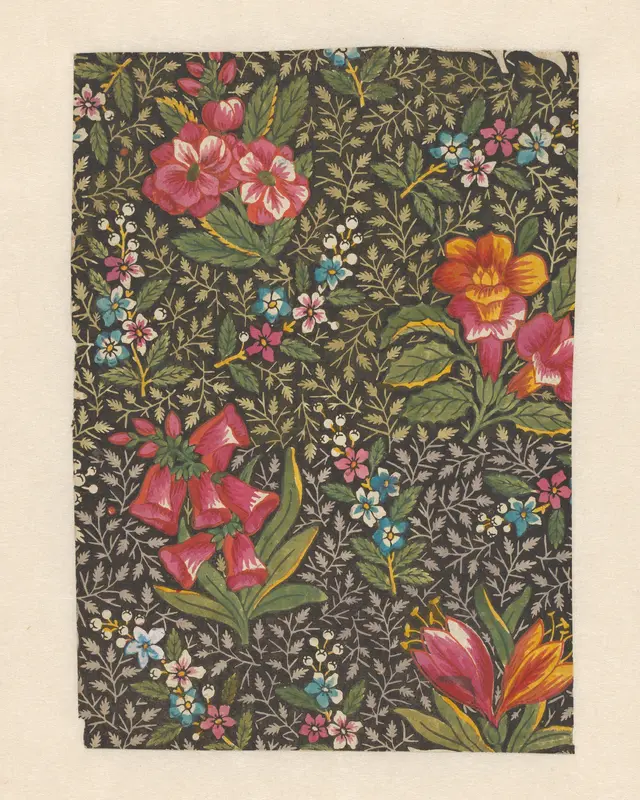 Ontwerp voor een gedrukte stof (toile de Jouy), met bloemtakken op een zwart fond met kleine grijze en lichtgroene bladtakjes Wall Art by anonymous - High-Resolution Digital Print