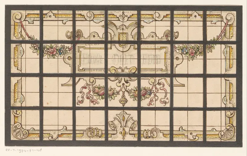 Ontwerp voor een glas in loodraam met cartouche en guirlandes Wall Art by anonymous - High-Resolution Digital Print