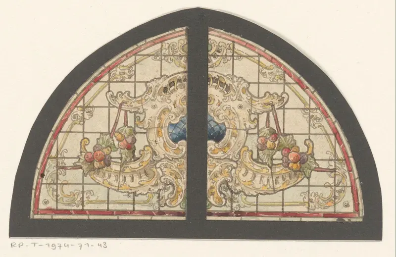 Ontwerp voor een glas in loodraam met cartouche met bloementrossen Wall Art by anonymous - High-Resolution Digital Print