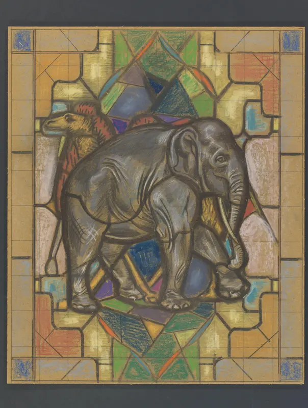 Ontwerp voor een glas in loodraam met een olifant en kameel Wall Art by Jaap Weyand - High-Resolution Digital Print