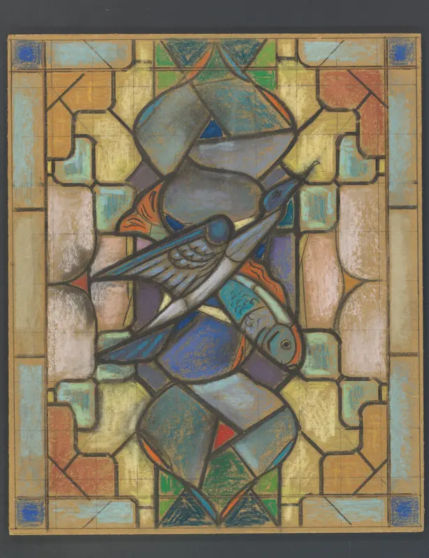 Ontwerp voor een glas in loodraam met een vogel en vis Wall Art by Jaap Weyand - High-Resolution Digital Print