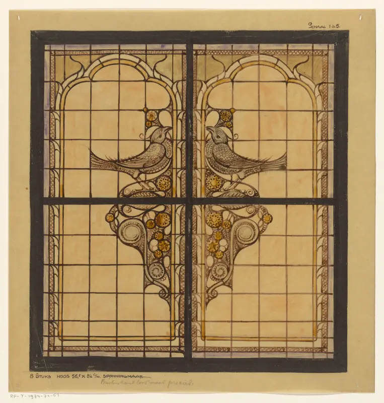Ontwerp voor een glas in loodraam met twee vogels en ornamenten Wall Art by anonymous - High-Resolution Digital Print