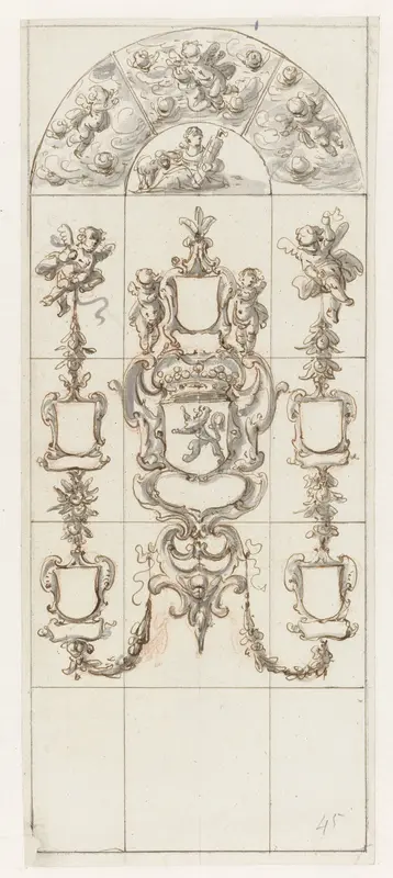 Ontwerp voor een glasraam met blanco wapenschilden en putti Wall Art by Pieter Jansz - High-Resolution Digital Print
