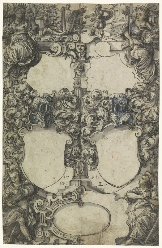 Ontwerp voor een glasraam met de vier deugden en twee lege wapenschilden; bovenaan de dronkenschap van Noach Wall Art by Daniel Lindtmayer - High-Resolution Digital Print