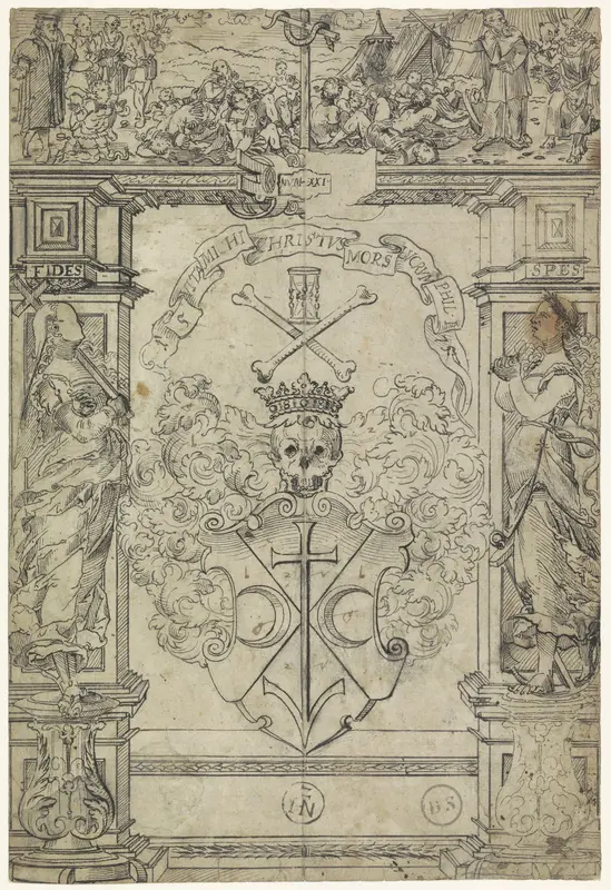 Ontwerp voor een glasraam met een wapen, de figuren Fides en Spes, en Mozes en de koperen slang Wall Art by anonymous - High-Resolution Digital Print