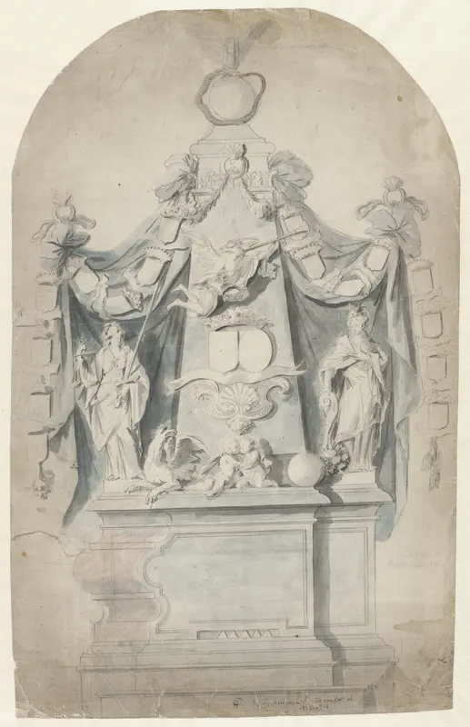 Ontwerp voor een grafmonument met Justitia, Fama en Abundantia Wall Art by Pieter Scheemaeckers (I) - High-Resolution Digital Print