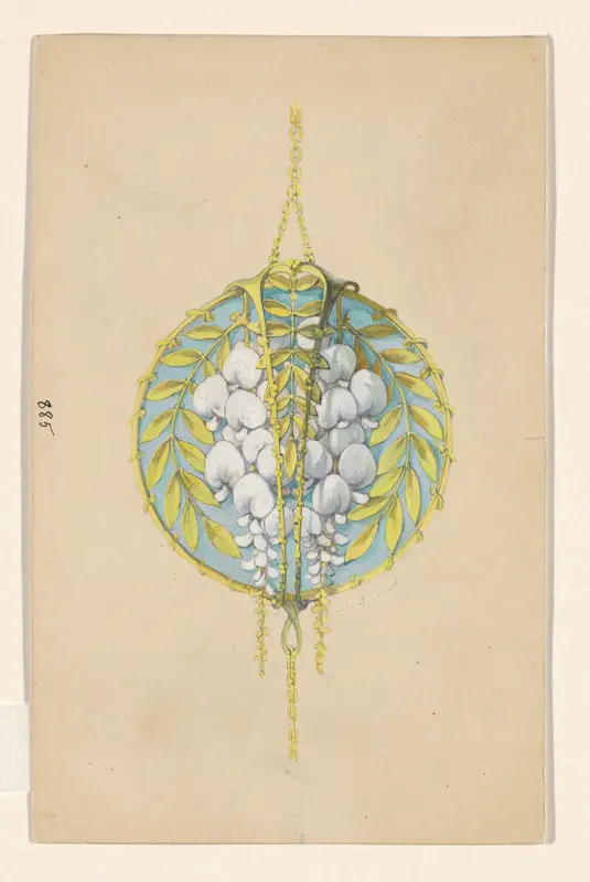 Ontwerp voor een hanger met bloemtakken van de witte wisteria, van geëmailleerd goud Wall Art by Unknown - High-Resolution Digital Print