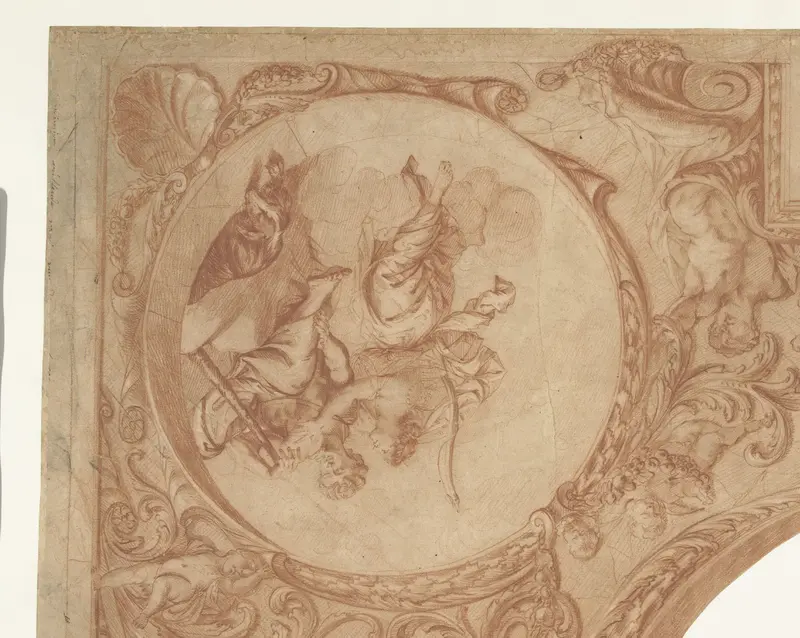 Ontwerp voor een hoekstuk van een plafond met Diana en Endymion Wall Art by Mattheus Terwesten - High-Resolution Digital Print